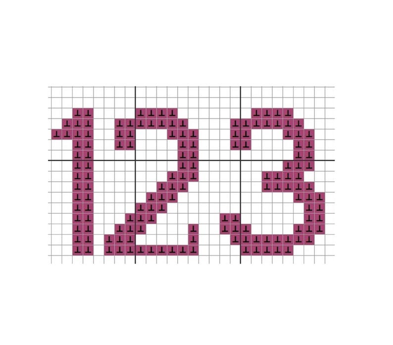 May include: Cross-stitch pattern featuring the numbers 1, 2, and 3. The numbers are rendered in a deep pink hue against a grid background. Each number is composed of small, individual cross-stitch squares, creating a textured effect.