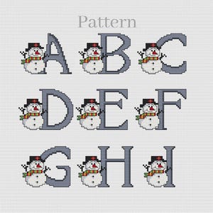 May include: A cross-stitch pattern featuring the letters A through I with a snowman design. Each letter is in gray with a snowman in white, black, orange, and red.