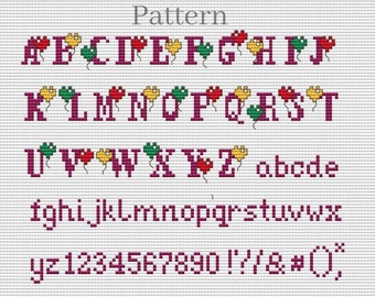 Cross stitch fonts, Heart alphabet cross stitch pattern, Cross stitch letters, Cross stitch numbers