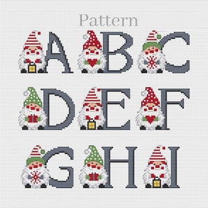 クリスマスノームのアルファベットクロスステッチパターン、モノグラムフォント、クリスマス文字、ABCチャート