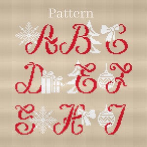 Christmas alphabet cross stitch pattern, Cursive alphabet, Christmas letters, Monochrome alphabet, ABC chart