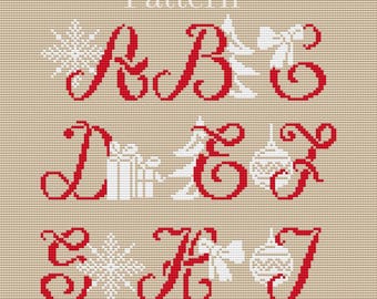 May include: Cross stitch pattern for the word "December" with red letters and white Christmas-themed decorations, including snowflakes, presents, trees, and ornaments.
