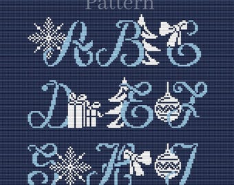 Patrón de punto de cruz del alfabeto navideño con letras iniciales cursivas para adornos de monograma