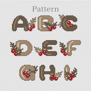 Christmas alphabet cross stitch pattern, Monogram letters for personalization, Initial alphabet font with red berries