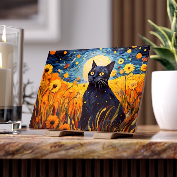 Schwarze Katze im Sternenfeld, Katzenliebhaber Geschenk, Keramikfliese, dekorative Wandkunst, Wohnkultur