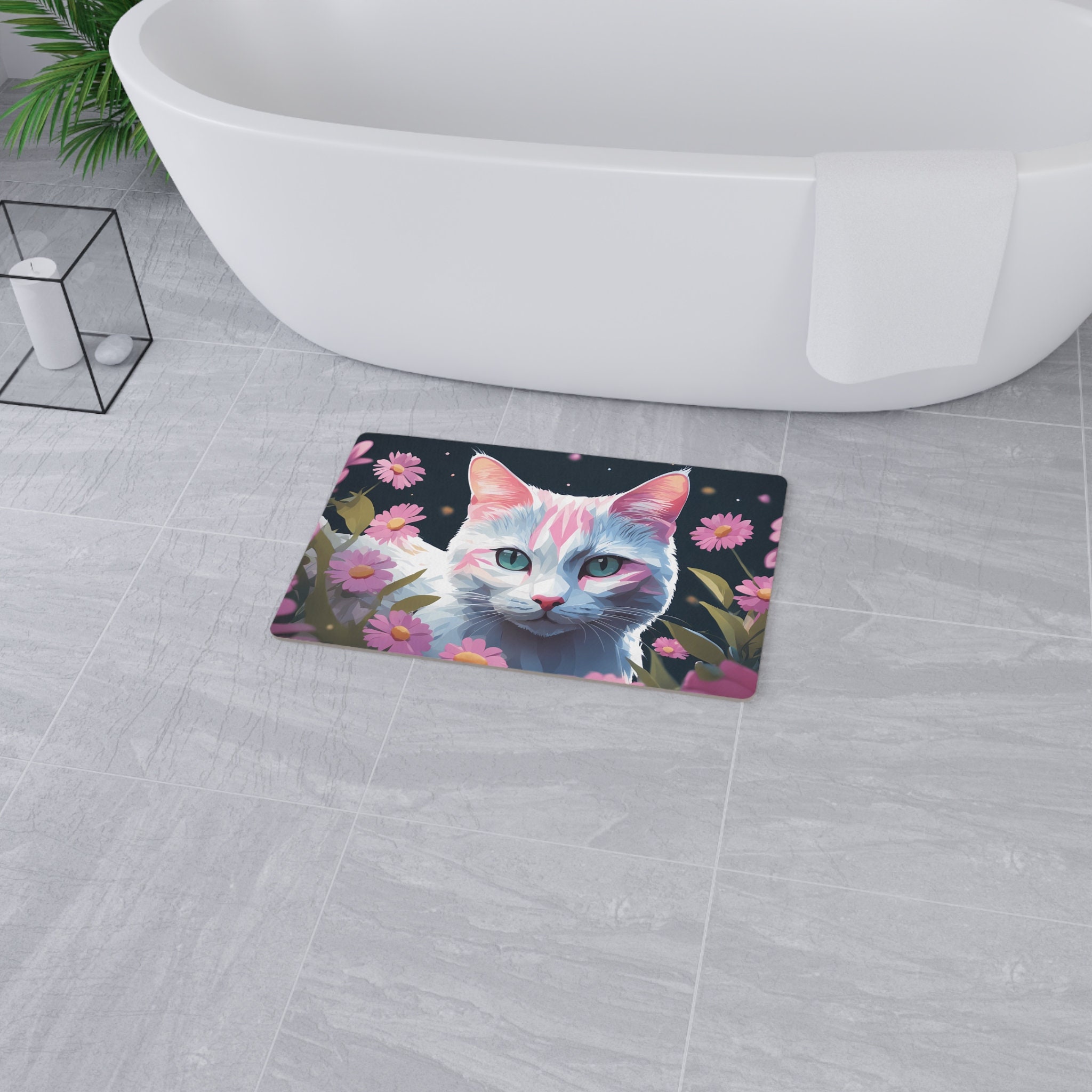 Pink Cat Face Print Floor Mat