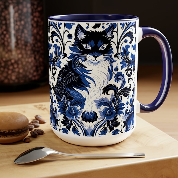 Blue Damask Cat Two-Tone Coffee Mugs, 15oz, Cat Mom Gift, Fun Cat Cup, Tea Lover Cup, Coffee Lover Mug, Vintage Look Beverage Cup