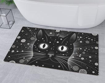 Black Cat Floor Mat with White Starburst, Galaxy Cat Kitchen Mat, Bathroom Vanity Mat, Cat Lover Decor