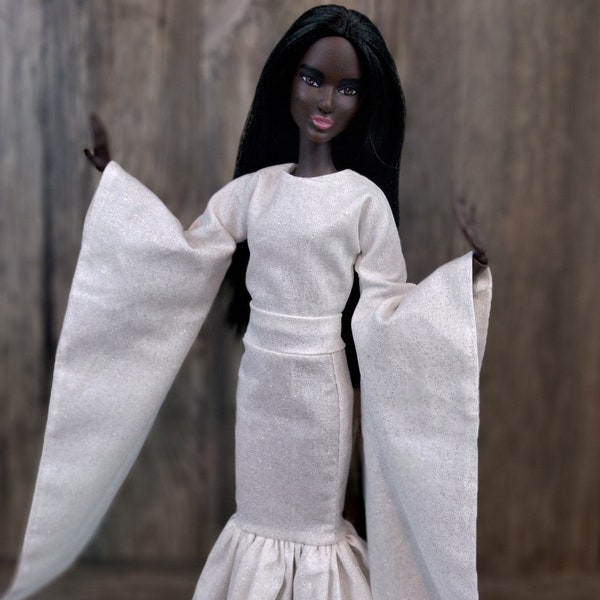 Modest, sparkling, elegant,ruffled, and draping sleeved dress for female fashion dolls