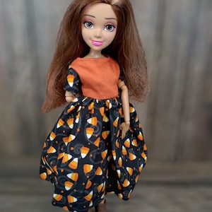 Modest Halloween candy corn dress for small fashion doll