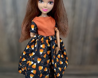 Modest Halloween candy corn dress for small fashion doll