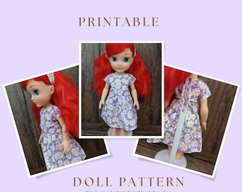 May include: Printable doll pattern for a purple and white floral dress with a red wig. The pattern is for a doll that is about 11 inches tall. The doll is wearing a dress with a floral print and a red wig. The pattern is printed on white paper.