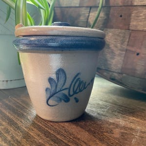 May include: A small, beige ceramic crock with a lid, featuring a blue rim and a blue floral design. The crock is sitting on a wooden surface. A plant is visible in the background.