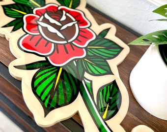 Red rose with stem handpainted wood cutout wall hanging