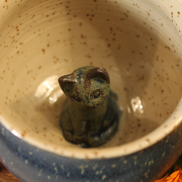 Hand-made, hand-glazed cup/coffee cup/tea cup/clay cup/ceramic cup with burned cat on the bottom/morning cup