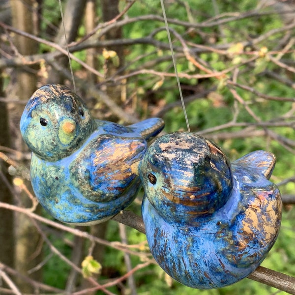 Happy, blue and gold tit pair/garden decoration/ceramic bird frost-proof