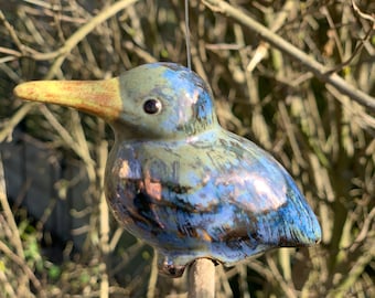 Cheerful, blue and gold kingfisher / garden decoration / ceramic bird, frost-resistant
