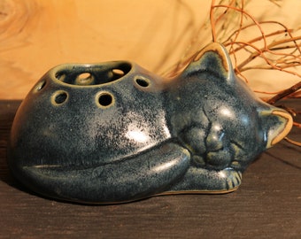 Handgefertigte Heizungsverdunsterfigur/ Handglasierte Keramikkatze/ Luftbefeuchter/ Dunkelblaue, liegende Verdunsterkatze