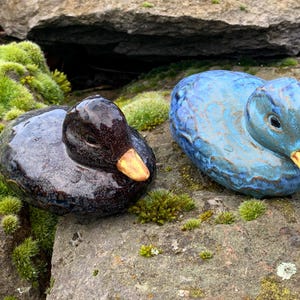 Könnte beinhalten: Zwei Keramik-Entenfiguren, eine ist dunkelblau mit hellblauem Überzug und die andere ist schwarz mit braunem Überzug. Beide Enten haben gelbe Schnäbel und sitzen auf einem moosbewachsenen Stein.