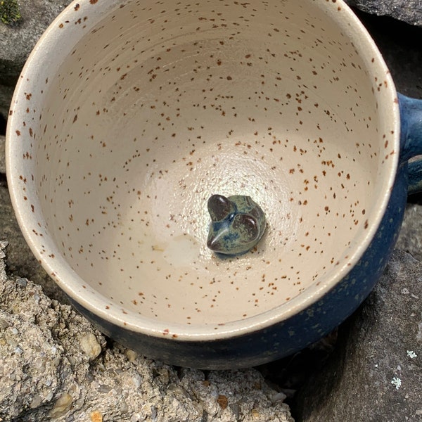 Hand-made, hand-glazed cup/coffee cup/tea cup/clay cup/ceramic cup with burned-in little mouse on the bottom/morning grouch cup