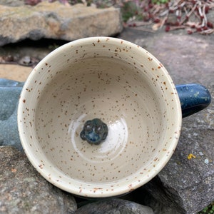 Hand-made, hand-glazed cup/ coffee cup/ tea cup/ clay cup/ ceramic cup with a burned-in frog on the bottom/ morning grump cup