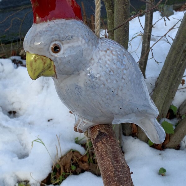 Cacatoès blanc à crête rouge/ Céramique de jardin antigel/ Oiseau d'argile