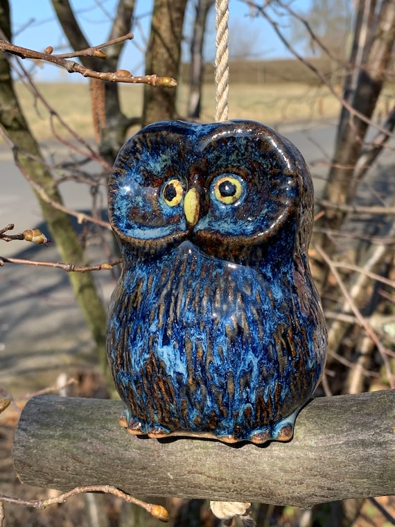 Niedlicher, dunkelblau-brauner Kauz/ Gartendeko/ Keramikvogel frostfest