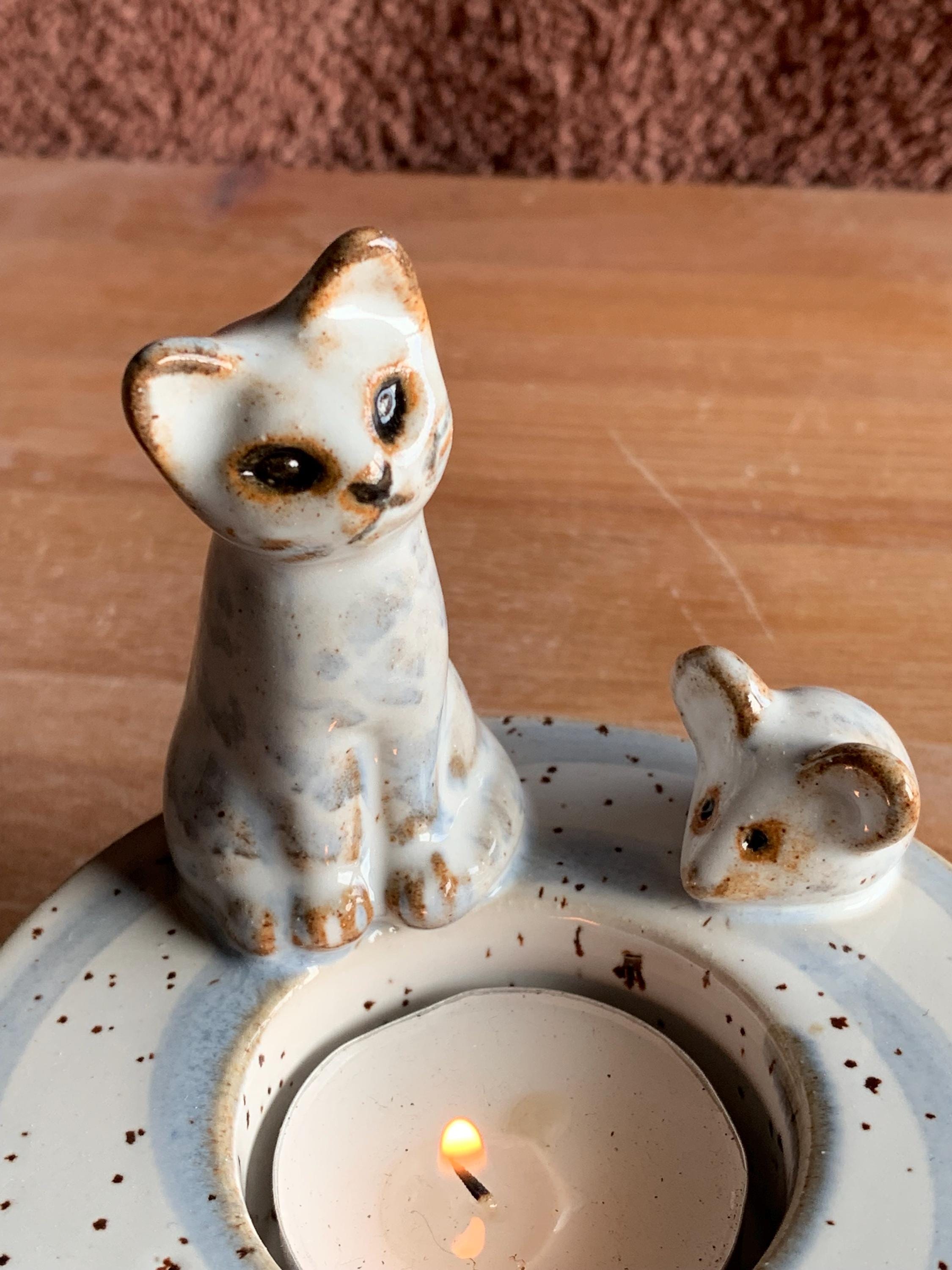 Handmade Tealight Holder/ Hand-glazed Ceramic Tealight Holder/ Clay Tealight Holder With Larger Cat and Mouse