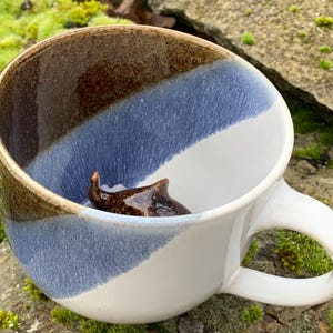 Könnte beinhalten: Eine Keramik-Tasse mit weißem Innenraum, blau-braunem Äußeren und weißem Henkel. Im Inneren der Tasse befindet sich ein kleines, braunes, dekoratives Objekt. Die Tasse steht auf einem moosigen Felsen.