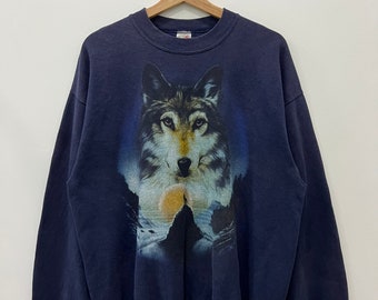 90s Streetwear Womens L Wolf Moon Nature Crewneck Sweatshirt USA, Vintage Wolf Sweatshirt, Womens Nature Sweatshirt, Faded Crewneck