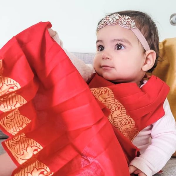 The Original Baby Saree 0-12 months (ideal for Rice Ceremony): Flame ribbon, left shoulder tucked pallu, handmade red dress