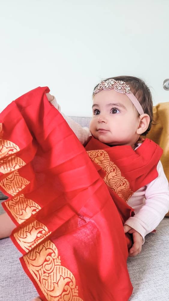 Kids Red Readymade Saree With Black Blouse For Girls - EVERWILLOW - 3482478