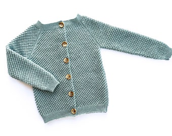 Cardigan children, size. 104/110, merino wool, hand knitted, sea green