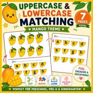 Uppercase Lowercase Matching Mango Theme Printable, Alphabet Letter Matching Activity, Preschool Pre-K Kindergarten Learning, Cut and Paste