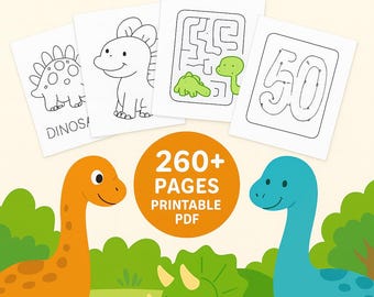Zestaw stron z zadaniami o dinozaurach | Ponad 260 arkuszy do druku (pliki PDF dla dzieci)