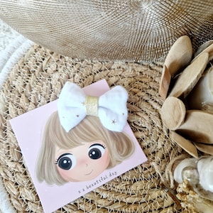 Baby and girl hair bow in cotton gauze, Barrette attachment, elastic, non-slip