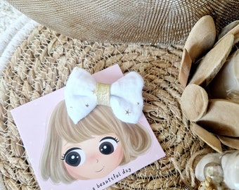 Baby and girl hair bow in cotton gauze, Barrette attachment, elastic, non-slip