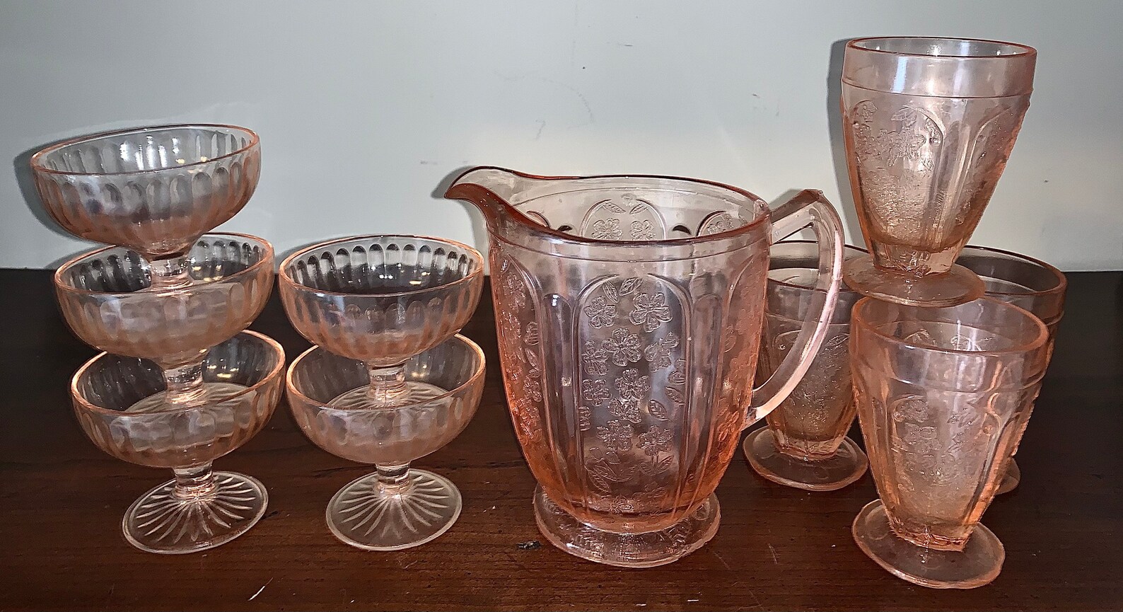 Pink Depression Glass And Pitcher Set Etsy
