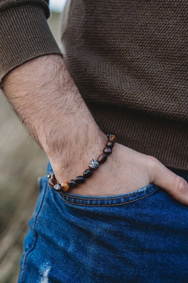 Silver DAGAZ Rune bead bracelet Tiger eye bracelet.