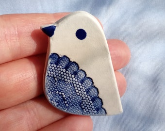 Ceramic bird brooch, blue and white bird brooch, whimsical jewellery, bird jewellery, handmade brooch, clay bird jewellery, whimsical bird.