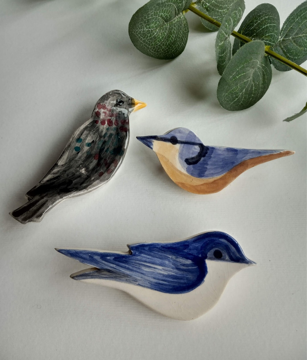 Ceramic Bird Brooches, Starling Brooch, Nuthatch Brooch, Swallow Brooch