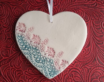 Handmade Ceramic Heart Decoration - Teal & Pink Floral Imprint