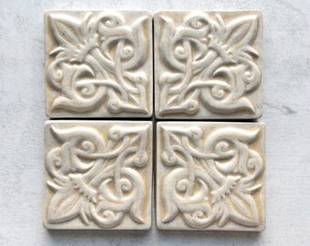 3" Victorian Floral Knot Tile, Handmade Ceramic Decorative Tile for French Inspired Kitchen Backsplash