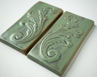 Victorian Acanthus Scroll Set 6x6" in Stone Olive, Handmade Ceramic Decorative Tile for French Inspired Kitchen Backsplash