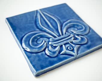 6" Victorian Fleur de Lis Tile in Sapphire Blue Crackle, Handmade Ceramic Decorative Tile for French Inspired Kitchen Backsplash