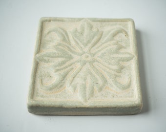 3" Victorian Rosette Tile in Stone White, Handmade Ceramic Decorative Tile for French Inspired Kitchen Backsplash