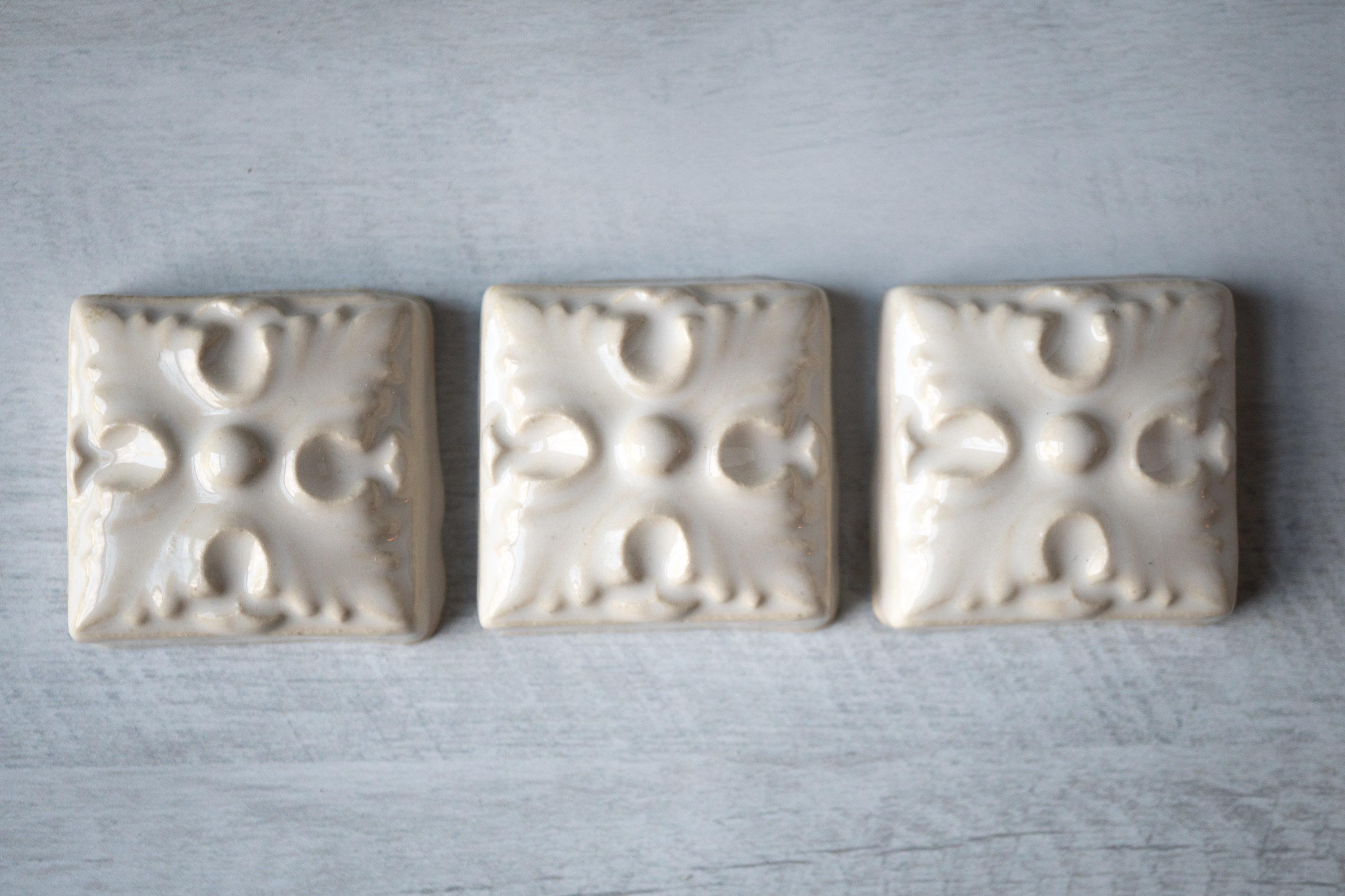 2" Victorian Rosette Tile in Cloud White (set of 3), Handmade Ceramic Decorative Accent Tiles for French Inspired Kitchen Backsplash