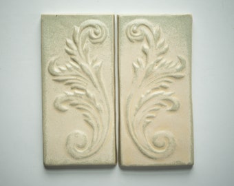 Victorian Acanthus Scroll Set 6x6" in Stone White, Handmade Ceramic Decorative Tile for French Inspired Kitchen Backsplash