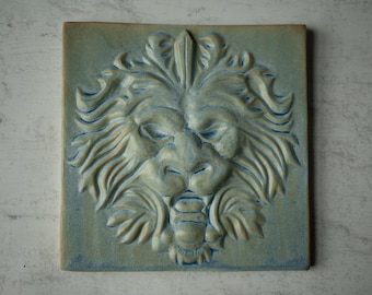 6" Victorian Lion Tile in Stone Blue, Handmade Ceramic Decorative Tile for French Inspired Kitchen Backsplash