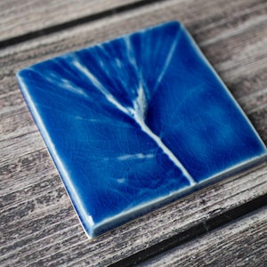 3&quot; White Pine Tree, Art Tile in Sapphire Blue, Handmade Ceramic Tile for Kitchen Backsplash or Cottage Decorative Accent Tile